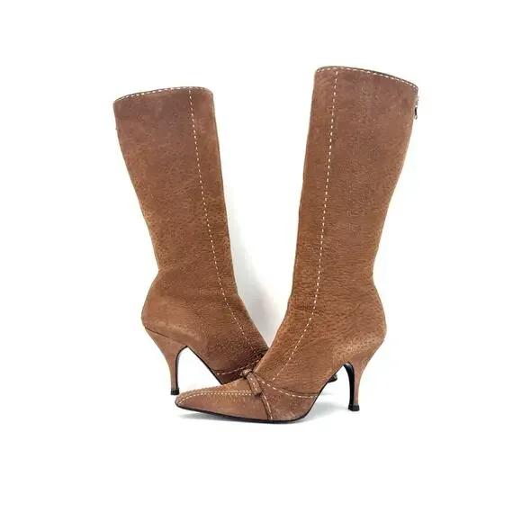 Vintage Prada Brown Suede Bow White Contrast Stitch Knee High Boots 40 - Picture 3 of 9